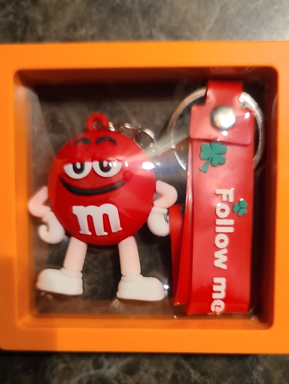 Red M&M Character Kids Keychain with 'Follow Me' Strap